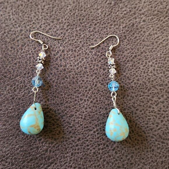 Turquoise and crystal dangle drop statement bohemian earrings - Picture 1 of 3